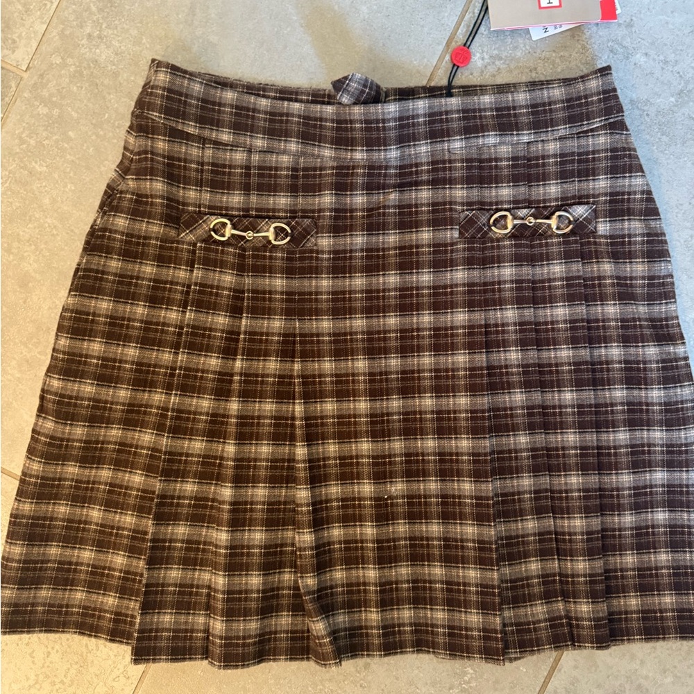 NWT Hunter - Pleated Horsebit Miniskirt Small $89 Brown Plaid Mini Skirt - Picture 7 of 10